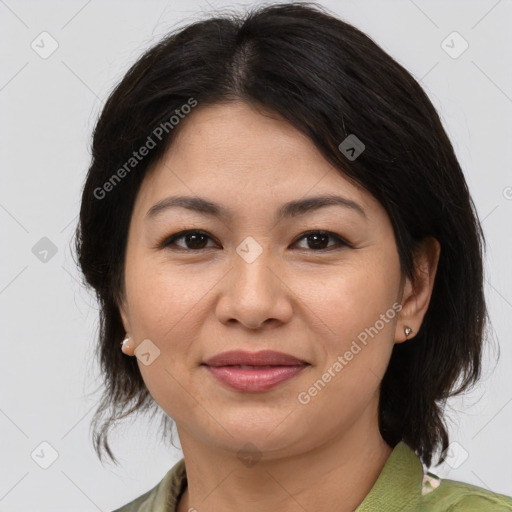 Joyful white young-adult female with medium  brown hair and brown eyes