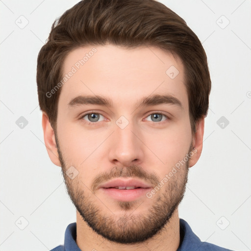 Neutral white young-adult male with short  brown hair and grey eyes