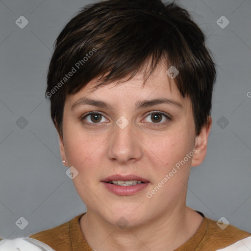 Joyful white young-adult female with short  brown hair and brown eyes