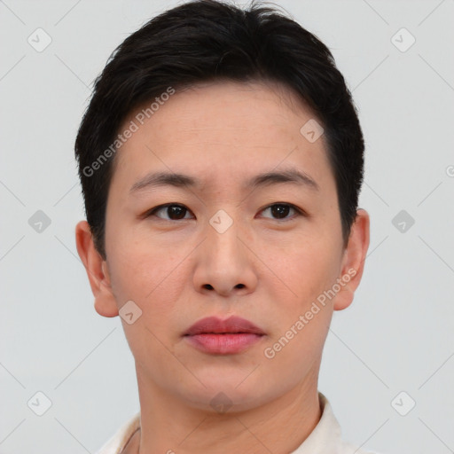 Neutral asian young-adult female with short  black hair and brown eyes