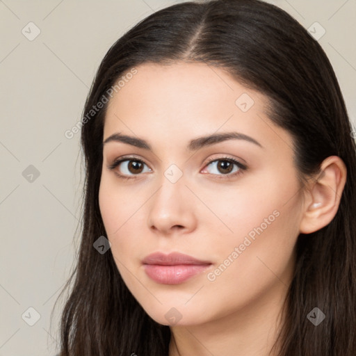 Neutral white young-adult female with long  brown hair and brown eyes