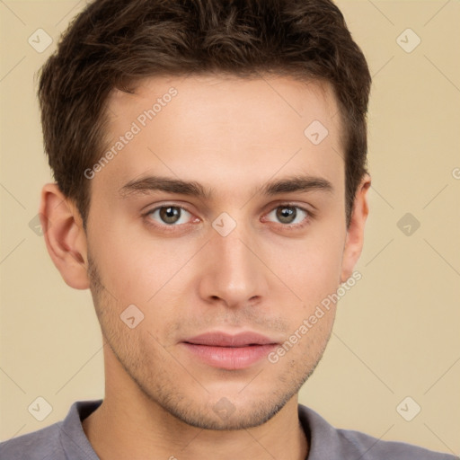 Neutral white young-adult male with short  brown hair and brown eyes