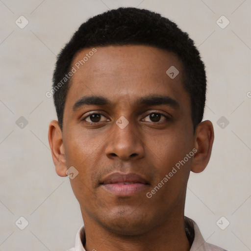 Neutral latino young-adult male with short  black hair and brown eyes