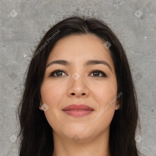 Joyful asian young-adult female with long  brown hair and brown eyes