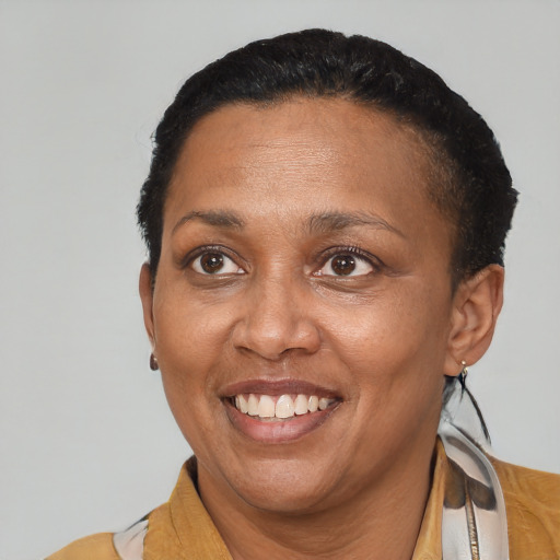 Joyful black adult female with short  black hair and brown eyes