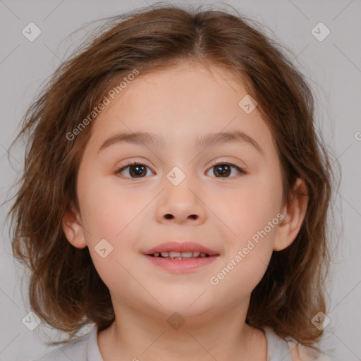 Joyful white child female with medium  brown hair and brown eyes