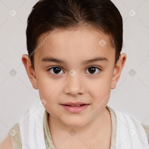 Joyful white child female with short  brown hair and brown eyes