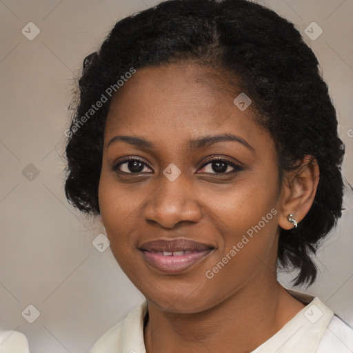 Joyful black young-adult female with medium  black hair and brown eyes