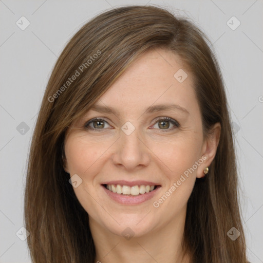 Joyful white young-adult female with long  brown hair and grey eyes