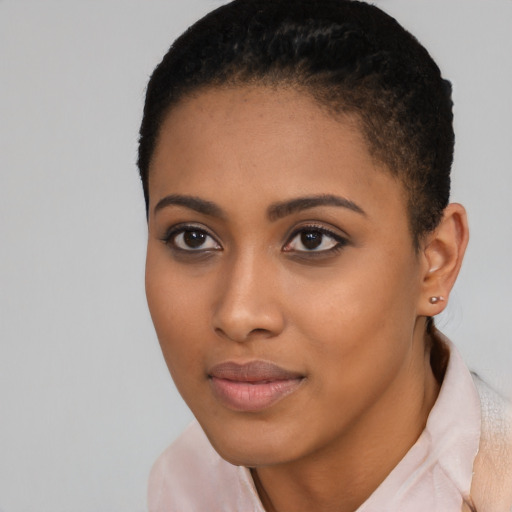 Neutral black young-adult female with short  black hair and brown eyes