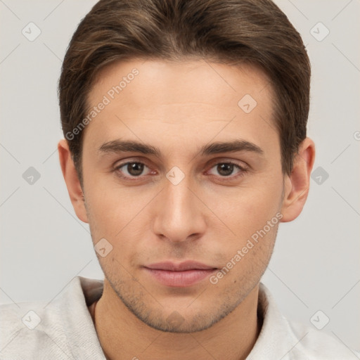 Neutral white young-adult male with short  brown hair and brown eyes