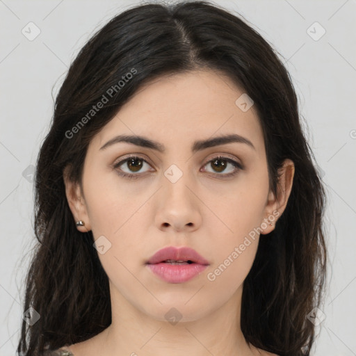 Neutral asian young-adult female with long  brown hair and brown eyes