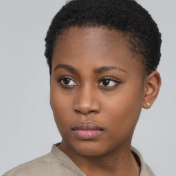 Neutral black young-adult female with short  brown hair and brown eyes