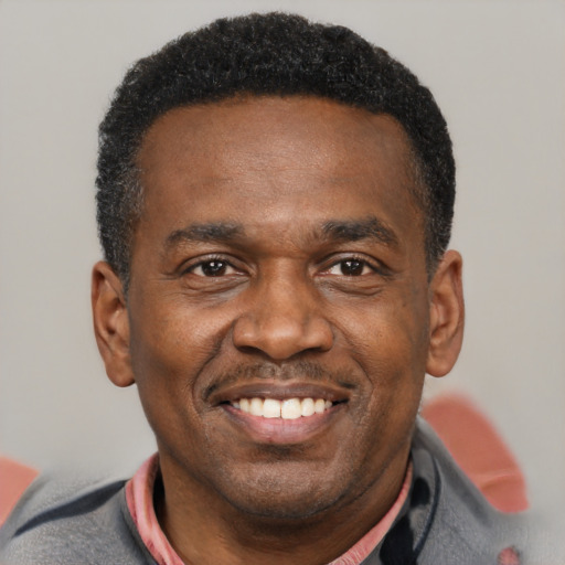 Joyful latino adult male with short  black hair and brown eyes