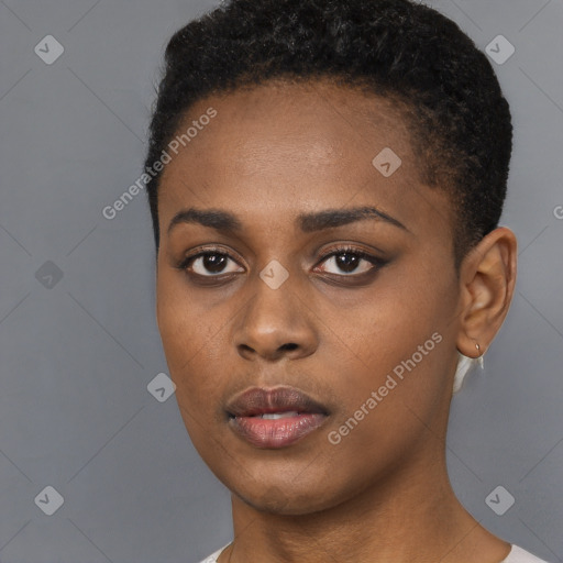 Neutral black young-adult female with short  black hair and brown eyes