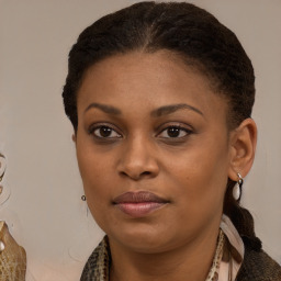 Joyful black young-adult female with medium  brown hair and brown eyes