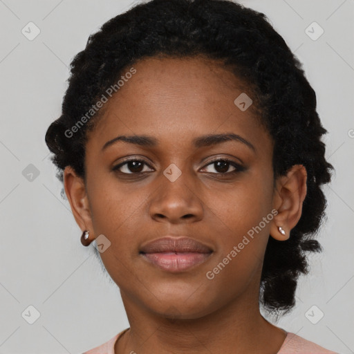 Neutral black young-adult female with short  black hair and brown eyes