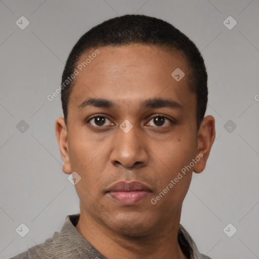 Neutral latino young-adult male with short  black hair and brown eyes