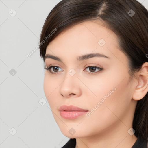 Neutral white young-adult female with long  brown hair and brown eyes