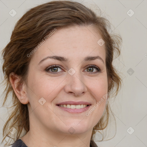 Joyful white young-adult female with medium  brown hair and blue eyes