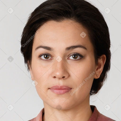 Neutral white young-adult female with medium  brown hair and brown eyes