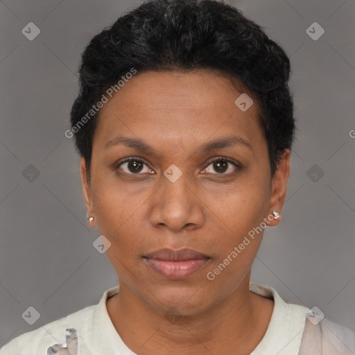Neutral black adult female with short  brown hair and brown eyes