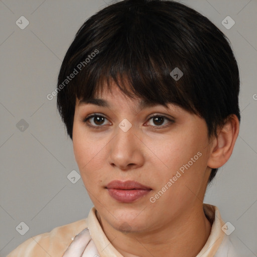 Neutral white young-adult female with short  brown hair and brown eyes