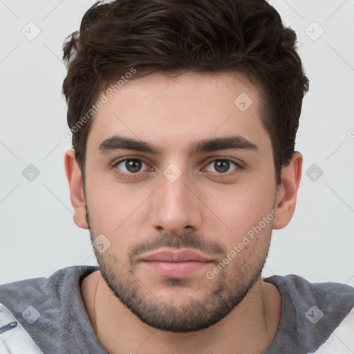 Neutral white young-adult male with short  brown hair and brown eyes