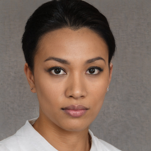 Neutral asian young-adult female with short  black hair and brown eyes