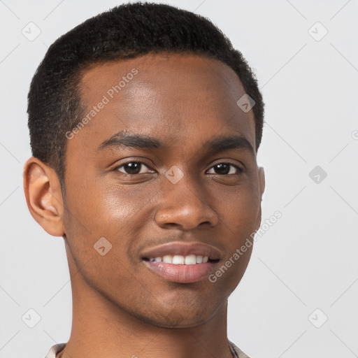 Joyful black young-adult male with short  brown hair and brown eyes