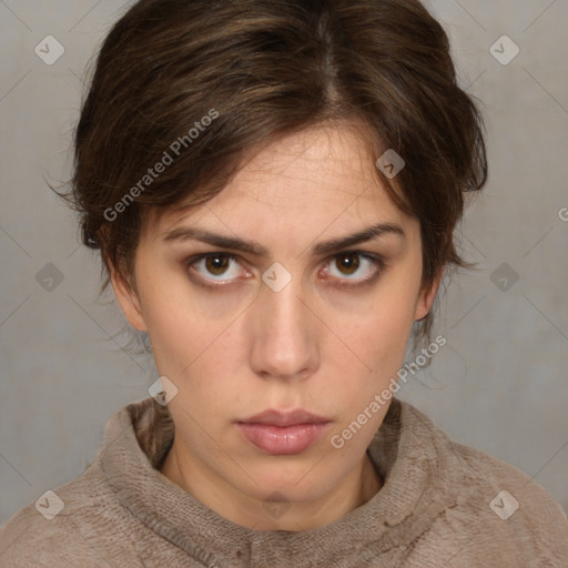 Neutral white young-adult female with medium  brown hair and brown eyes