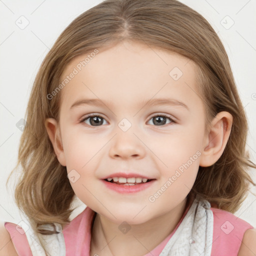 Joyful white child female with medium  brown hair and brown eyes