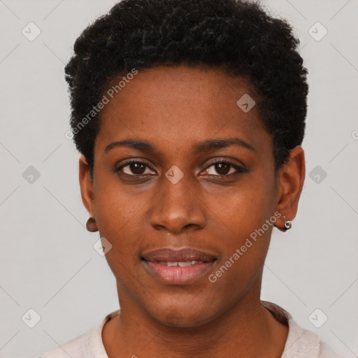 Neutral black young-adult female with short  black hair and brown eyes