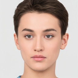 Neutral white young-adult female with short  brown hair and brown eyes