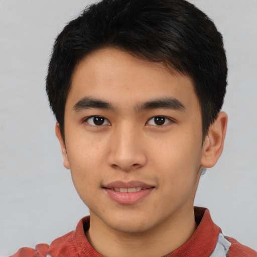 Neutral asian young-adult male with short  brown hair and brown eyes