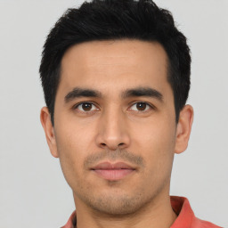 Neutral asian young-adult male with short  black hair and brown eyes