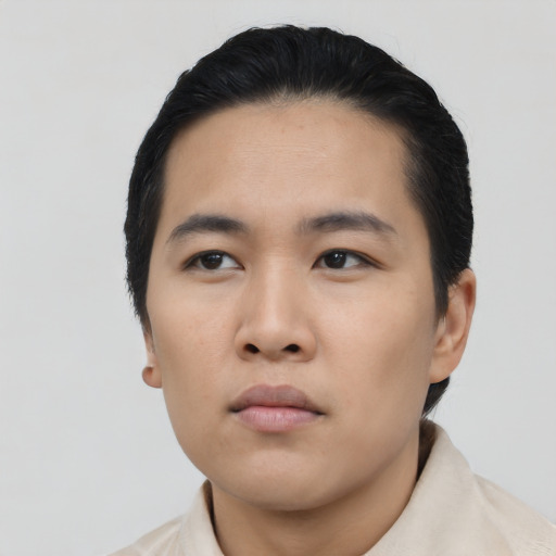 Neutral asian young-adult male with short  black hair and brown eyes