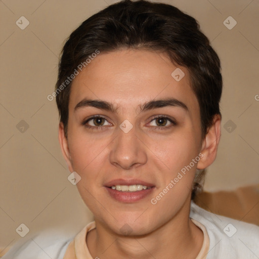 Joyful white young-adult female with short  brown hair and brown eyes