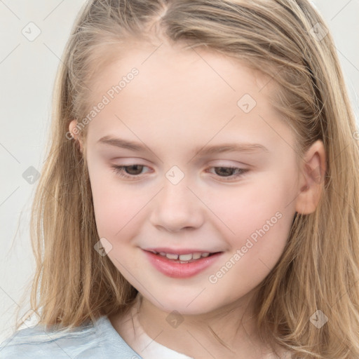 Joyful white child female with long  brown hair and brown eyes