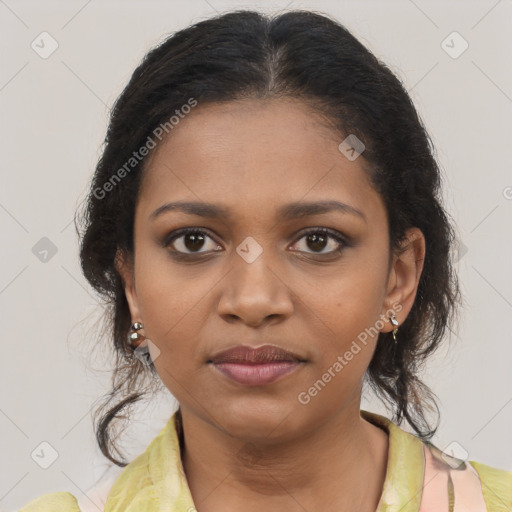 Joyful black young-adult female with medium  brown hair and brown eyes