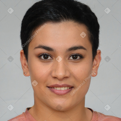 Joyful asian young-adult female with short  brown hair and brown eyes