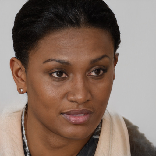 Joyful black young-adult female with short  brown hair and brown eyes