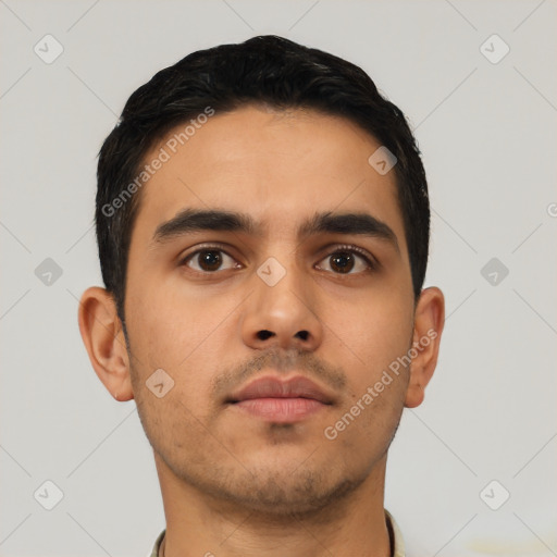 Neutral latino young-adult male with short  black hair and brown eyes