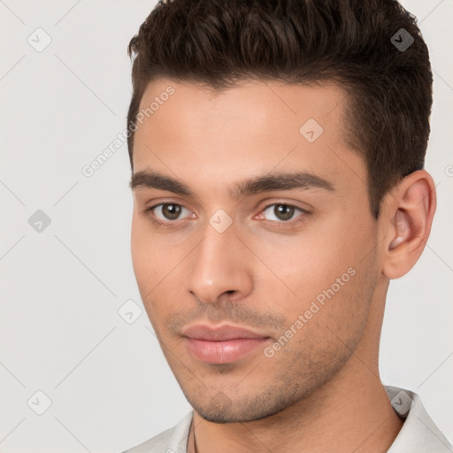 Neutral white young-adult male with short  brown hair and brown eyes