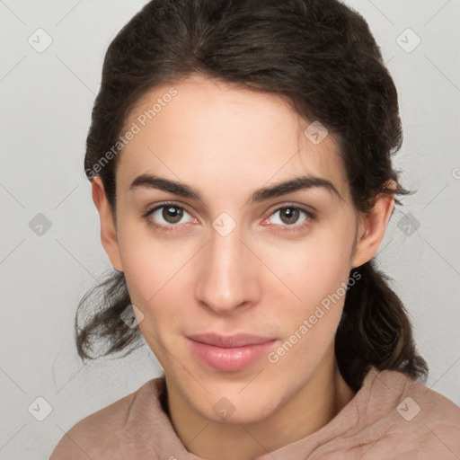 Neutral white young-adult female with medium  brown hair and brown eyes