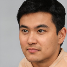 Neutral asian young-adult male with short  black hair and brown eyes