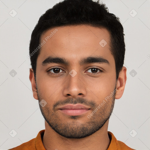 Neutral latino young-adult male with short  black hair and brown eyes