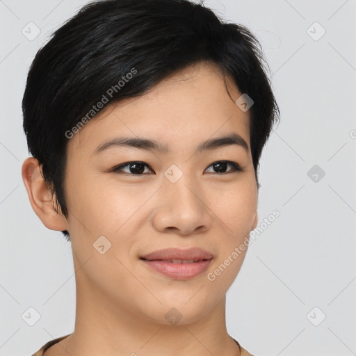 Joyful asian young-adult female with short  brown hair and brown eyes