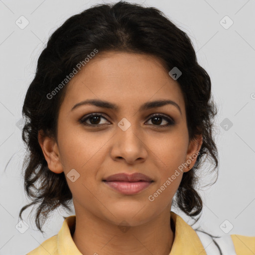 Joyful latino young-adult female with medium  brown hair and brown eyes