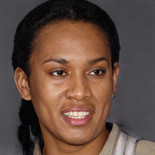 Joyful latino young-adult female with short  black hair and brown eyes